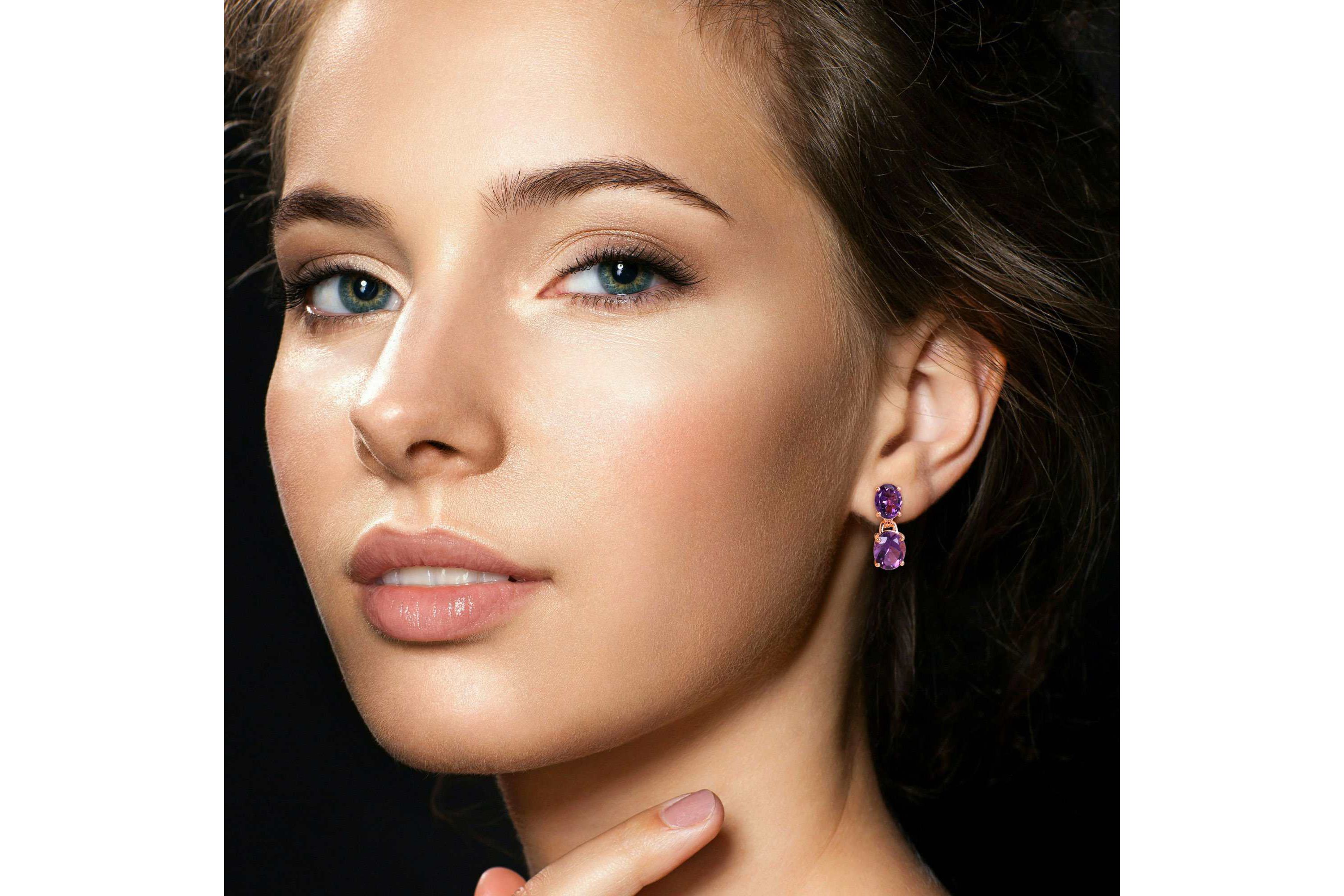 Amethyst Dangle Earrings in Rose Plated Sterling Silver