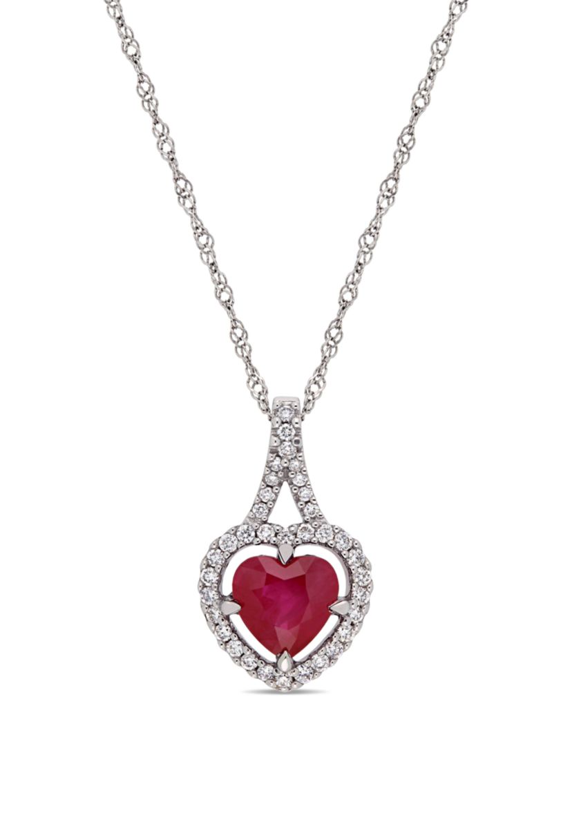 1.0 ct. t.w Ruby and 1/6 ct. t.w Diamond Halo Heart Pendant with Chain in 14k White Gold