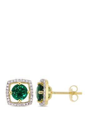 Belk & Co 1 ct. t.w. Created Emerald and 0.07 ct. t.w. Diamond Floating Halo Square Stud Earrings in 10K Yellow Gold