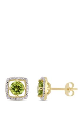 Belk & Co 1.2 ct. t.w. Peridot and 0.07 ct. t.w. Diamond Floating Halo Square Stud Earrings in 10K Yellow Gold