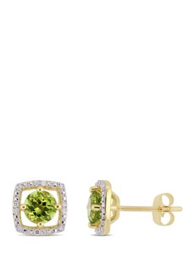 Belk & Co 1.2 Ct. T.w. Peridot And 0.07 Ct. T.w. Diamond Floating Halo Square Stud Earrings In 10K Yellow Gold -  0682077781206