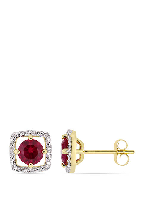 1.17 ct. t.w. Created Ruby and 0.07 ct. t.w. Diamond Floating Halo Square Stud Earrings in 10K Yellow Gold