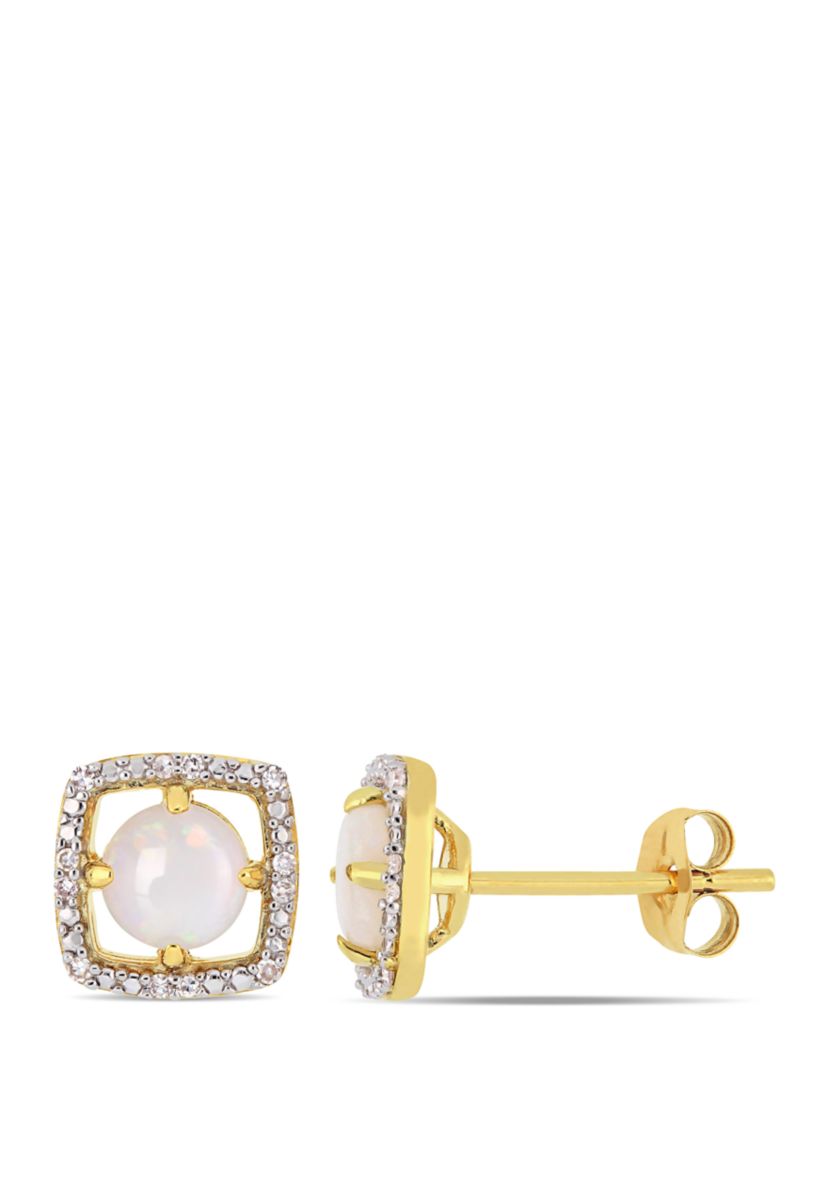 0.62 ct. t.w. Opal and 0.07 ct. t.w. Diamond Floating Halo Square Stud Earrings in 10K Yellow Gold