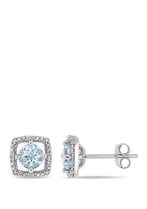 4/5 ct. t.w. Aquamarine and Diamond Floating Halo Square Stud Earrings in 10k White Gold