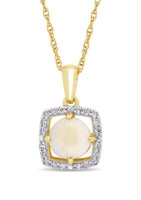 Belk & Co 5/8 Ct. T.w. Opal And 1/10 Ct. T.w. Diamond Floating Halo Pendant Necklace With Chain In 10K Yellow Gold
