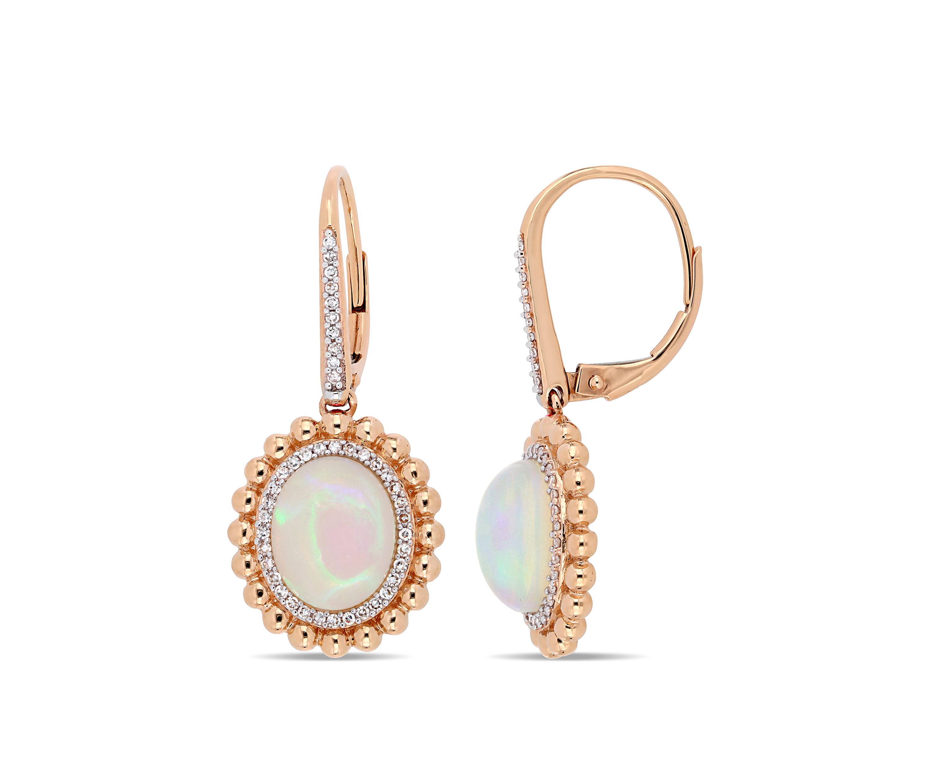 Ethiopian Blue-Hued Opal and 1/4 CT TW Diamond Halo Earrings in 14K Rose Gold