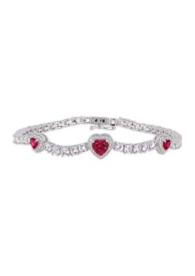 Belk & Co Lab Created 8.42 Ct. T.g.w. Created Ruby And Created White Sapphire Stationed Triple Halo Heart Tennis Bracelet In Sterling Silver -  0682077958240