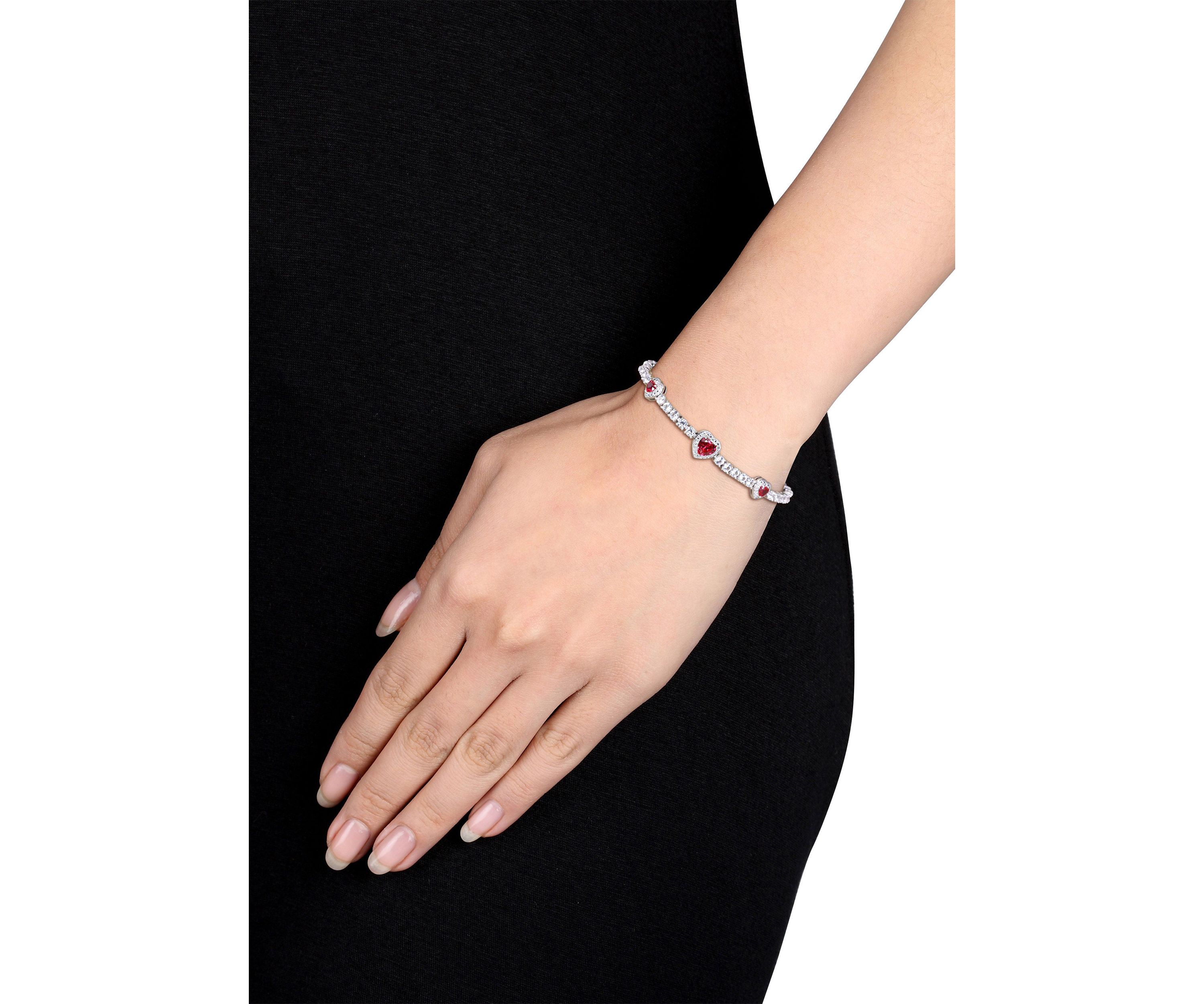 Lab Created 8.42 ct. t.g.w. Created Ruby and Created White Sapphire Stationed Triple Halo Heart Tennis Bracelet in Sterling Silver