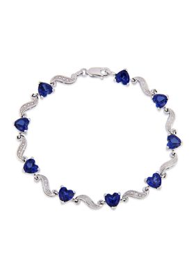 Belk & Co Lab Created 8.19 ct. t.g.w. Blue Sapphire and Diamond Accent Heart Link Tennis Bracelet in Sterling Silver