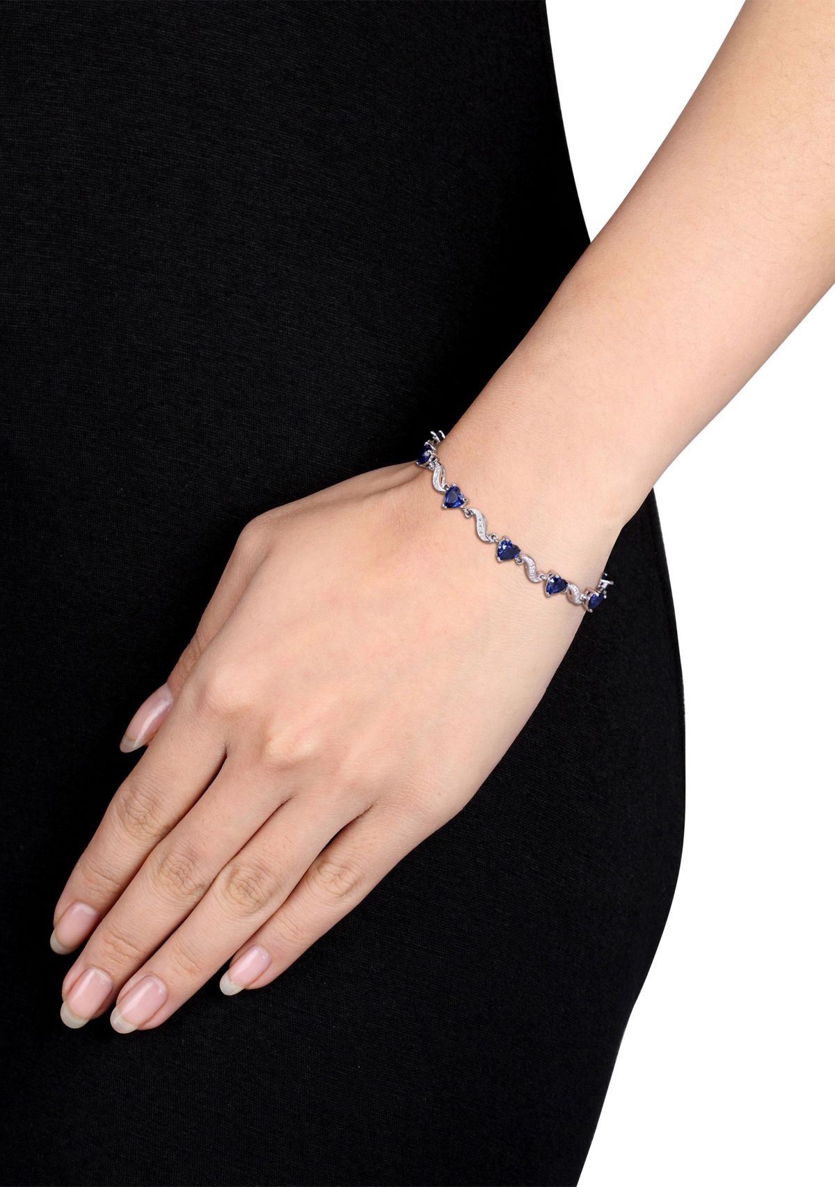 Lab Created 8.19 ct. t.g.w. Created Blue Sapphire and Diamond Accent Heart Link Tennis Bracelet in Sterling Silver