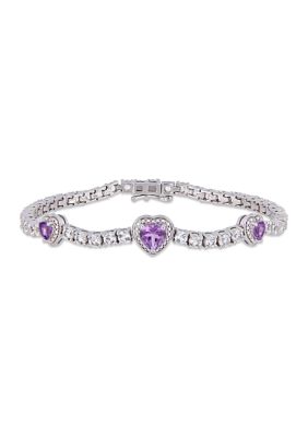 Belk & Co Lab Created 7.91 Ct. T.g.w. Amethyst And Created White Sapphire Stationed Triple Halo Heart Tennis Bracelet In Sterling Silver