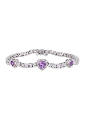 Belk & Co Lab Created 7.91 ct. t.g.w. Amethyst and White Sapphire Stationed Triple Halo Heart Tennis Bracelet in Sterling Silver