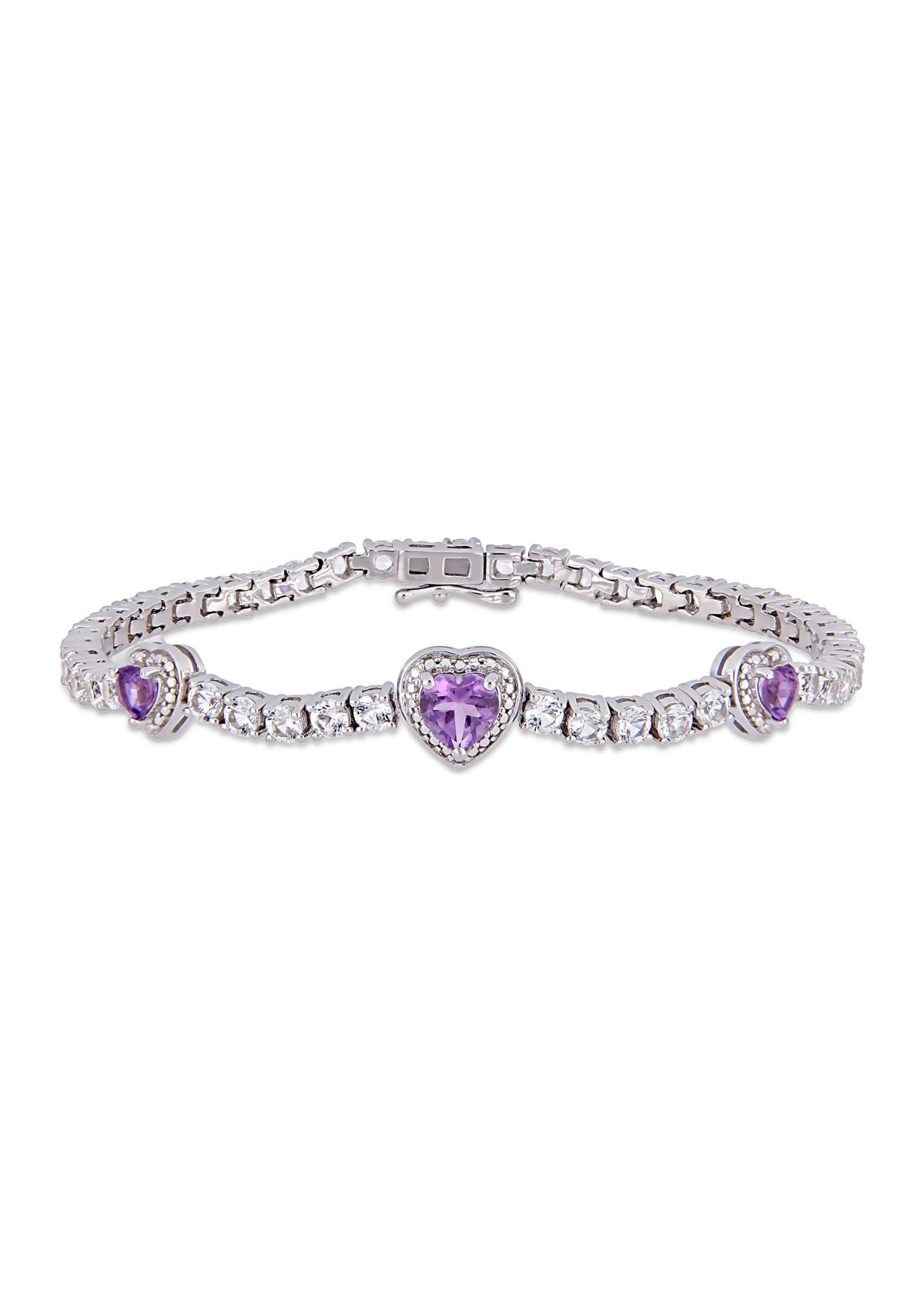 Lab Created 7.91 ct. t.g.w. Amethyst and Created White Sapphire Stationed Triple Halo Heart Tennis Bracelet in Sterling Silver