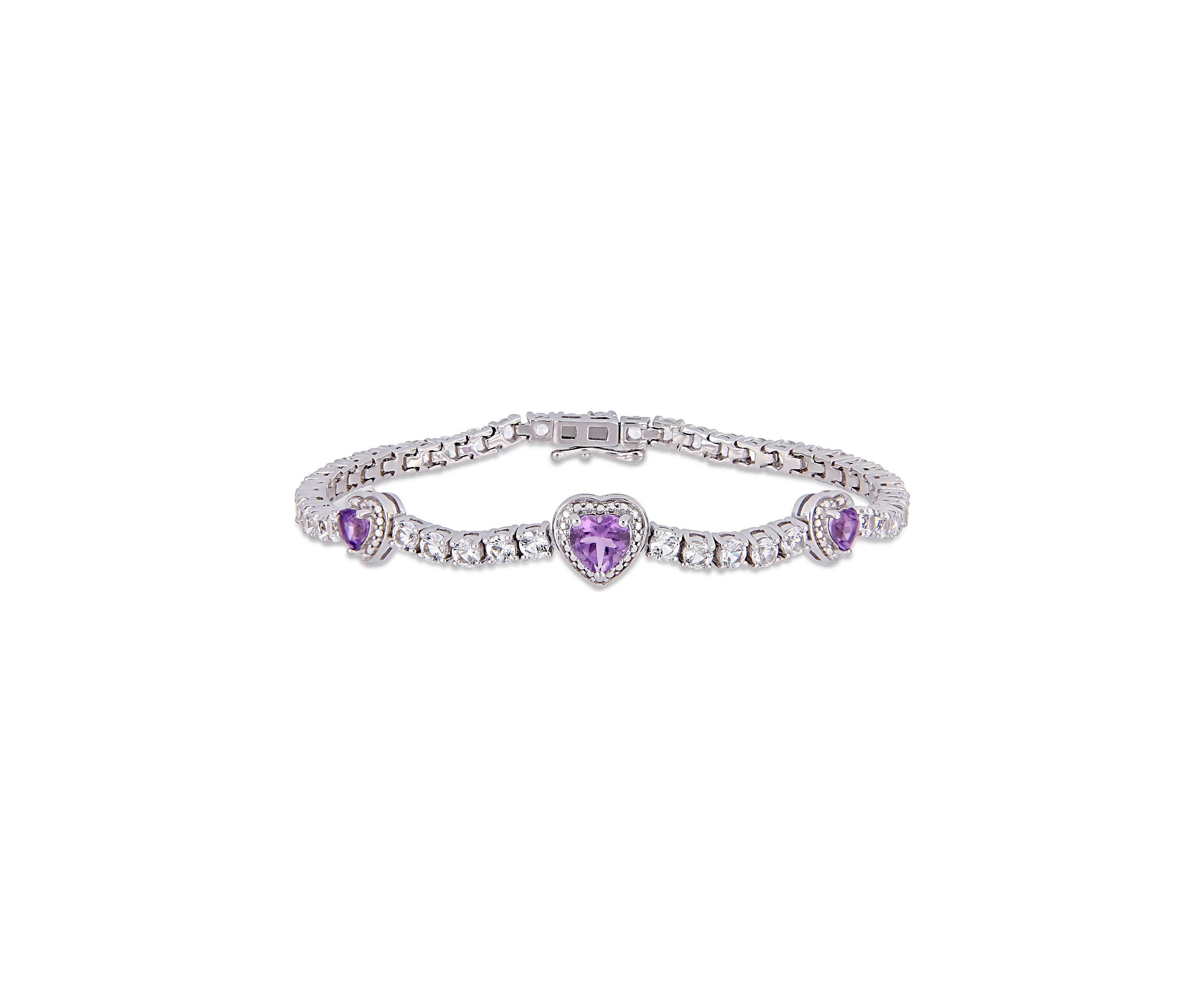 Lab Created 7.91 ct. t.g.w. Amethyst and Created White Sapphire Stationed Triple Halo Heart Tennis Bracelet in Sterling Silver