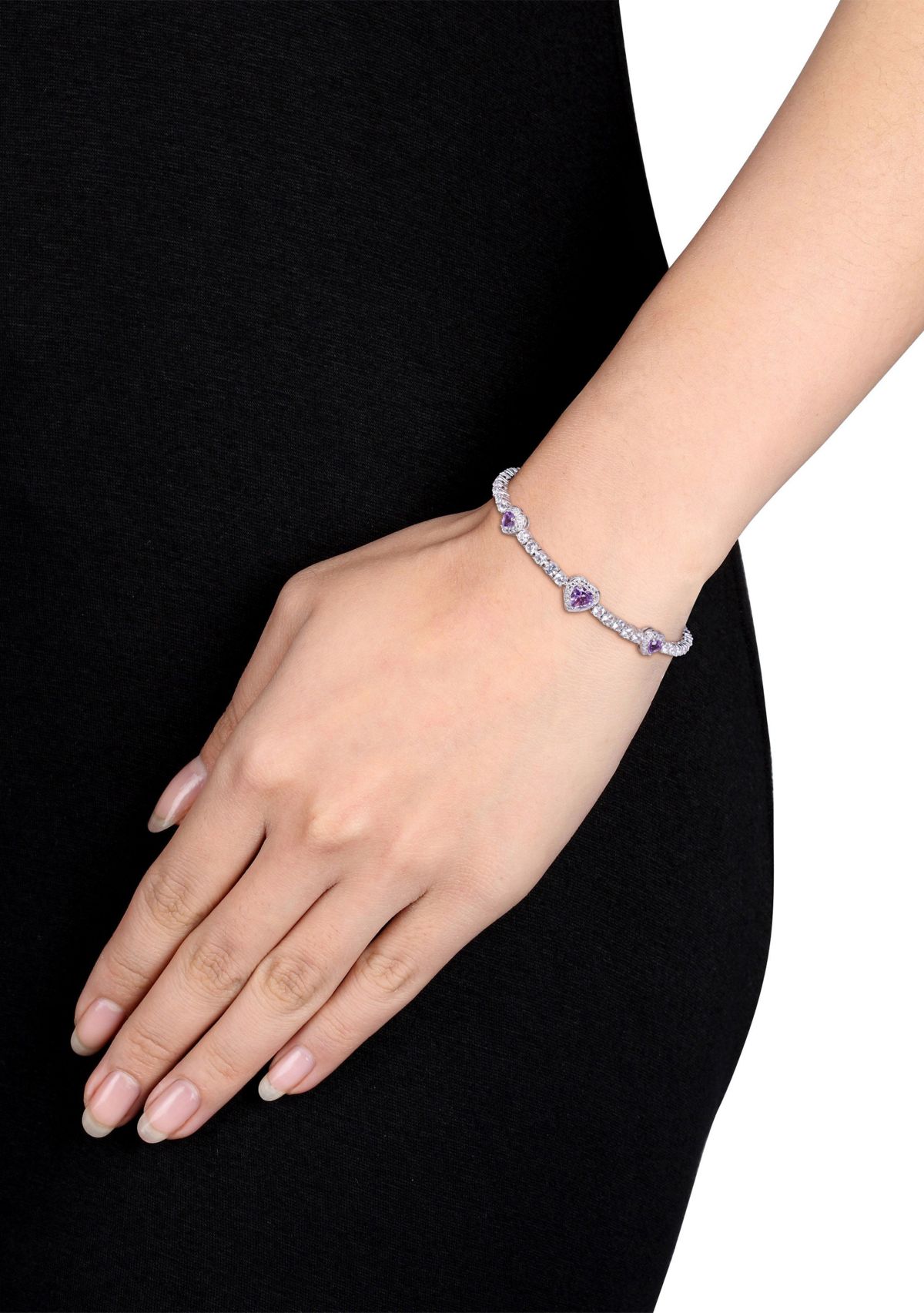 Lab Created 7.91 ct. t.g.w. Amethyst and Created White Sapphire Stationed Triple Halo Heart Tennis Bracelet in Sterling Silver