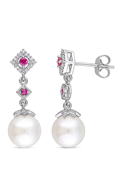 8.5 mm-9 mm Cultured Freshwater Pearl, 1/7 ct. t.w. Ruby and 1/10 ct. t.w. Diamond Drop Earrings in 10k White Gold