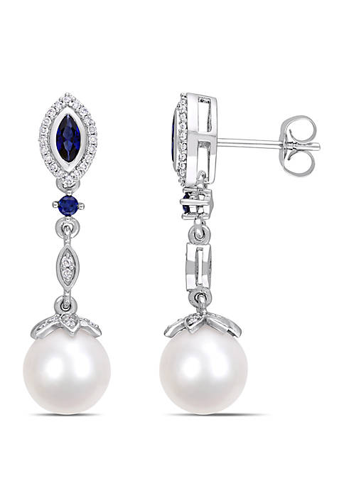 8.5 mm-9 mm Cultured Freshwater Pearl, 1/3 ct. t.w. Created Sapphire and 1/5 ct. t.w. Diamond Drop Earrings in 10k White Gold