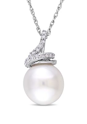Belk & Co 9 mm-9.5 mm Cultured Freshwater Pearl and 1/10 ct. t.w. Diamond Swirl Necklace in 10k White Gold
