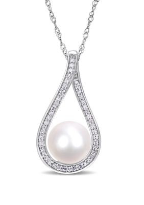 Belk & Co 9 Mm-9.5 Mm Cultured Freshwater Pearl And 1/5 Ct. T.w. Diamond Teardrop Necklace In 14K White Gold