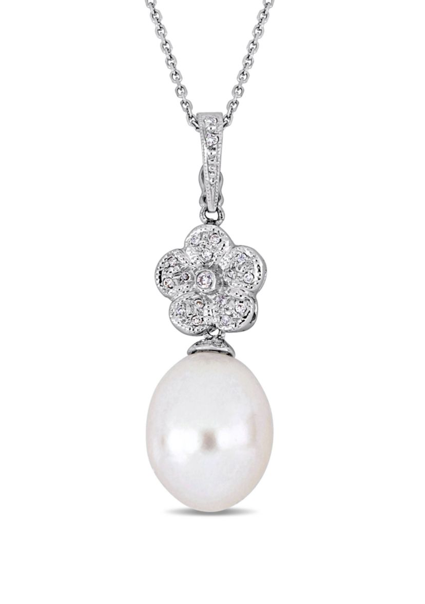 11.5-12 mm South Sea Cultured Pearl and 1/7 ct. t.w. Diamond Floral Drop Necklace in 18k White Gold