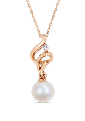 Belk & Co 7 mm-7.5 mm Cultured Freshwater Pearl and 1/10 ct. t.w. Diamond Swirl Drop Necklace in 10k Rose Gold