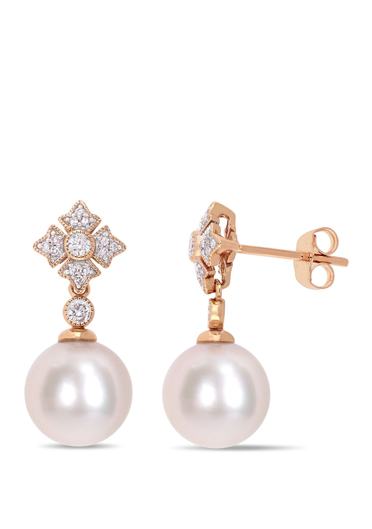 9.5 mm-10 mm Cultured Freshwater Pearl and 1/5 ct. t.w. Diamond Vintage Earrings in 10k Rose Gold