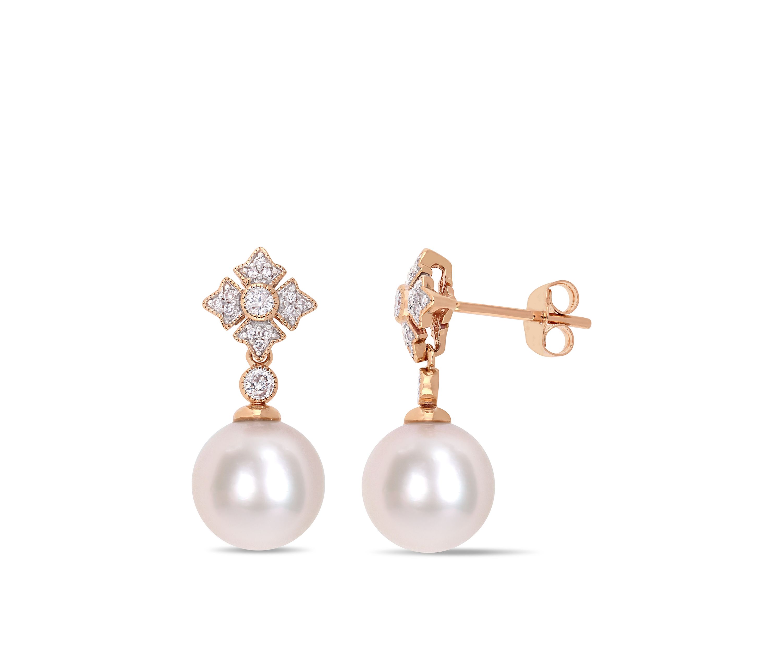 9.5 mm-10 mm Cultured Freshwater Pearl and 1/5 ct. t.w. Diamond Vintage Earrings in 10k Rose Gold