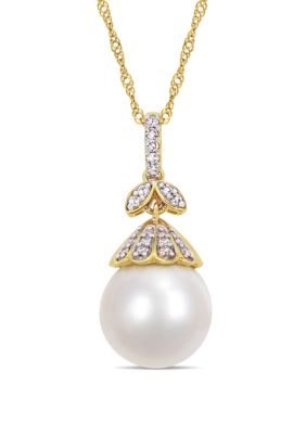 Belk & Co 10 mm-10.5 mm South Sea Cultured Pearl and 1/10 ct. t.w. Diamond Floral Drop Necklace in 14k Yellow Gold, White