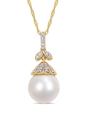 Belk & Co 10 mm-10.5 mm South Sea Cultured Pearl and 1/10 ct. t.w. Diamond Floral Drop Necklace in 14k Yellow Gold, White -  0682077832885