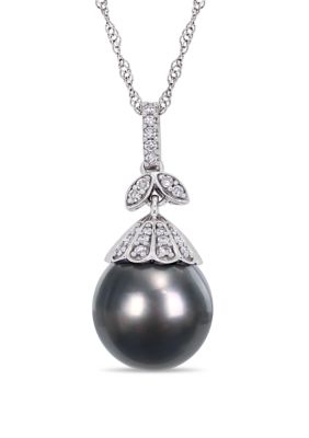 Belk & Co 10 mm -10.5 mm Tahitian Cultured Pearl and 1/10 ct. t.w. Diamond Floral Drop Necklace in 14k White Gold -  5400426BLK001936