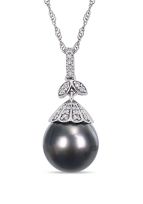 10 mm -10.5 mm Tahitian Cultured Pearl and 1/10 ct. t.w. Diamond Floral Drop Necklace in 14k White Gold