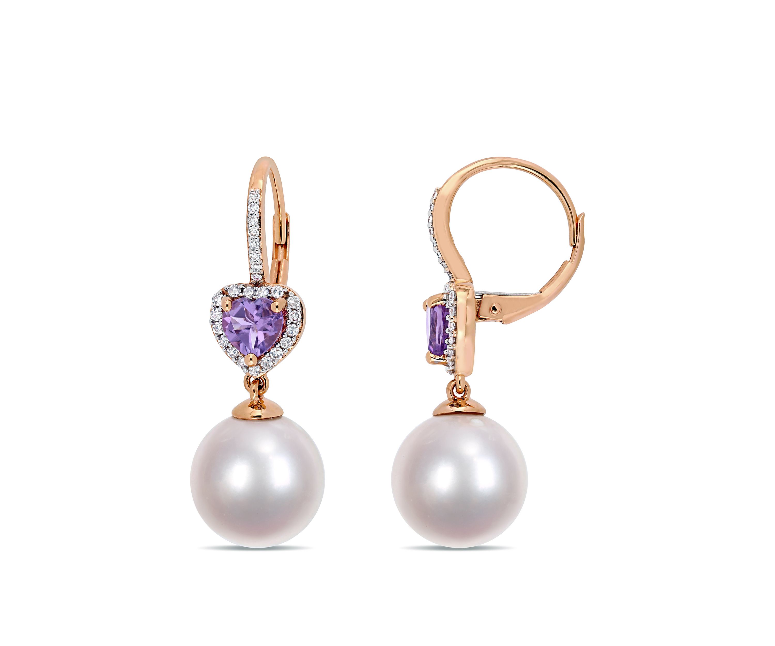 11 mm-12 mm Cultured Freshwater Pearl, 4/5 ct. t.w. Amethyst and 1/5 ct. t.w. Diamond Heart Drop Earrings in 10k Rose Gold