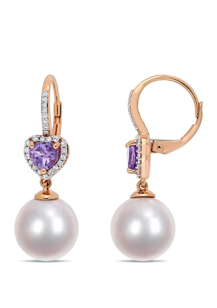 11 mm-12 mm Cultured Freshwater Pearl, 4/5 ct. t.w. Amethyst and 1/5 ct. t.w. Diamond Heart Drop Earrings in 10k Rose Gold