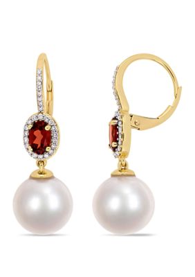 Belk  Co 11 mm12 mm Cultured Freshwater Pearl 1 110 ct tw Garnet and 14 ct tw Diamond Drop Earrings in 10k Yellow Gold