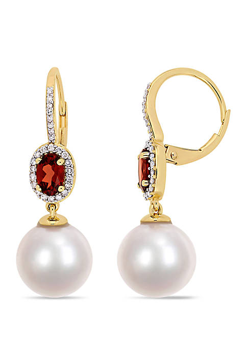 11 mm-12 mm Cultured Freshwater Pearl, 1 1/10 ct. t.w. Garnet and 1/4 ct. t.w. Diamond Drop Earrings in 10k Yellow Gold