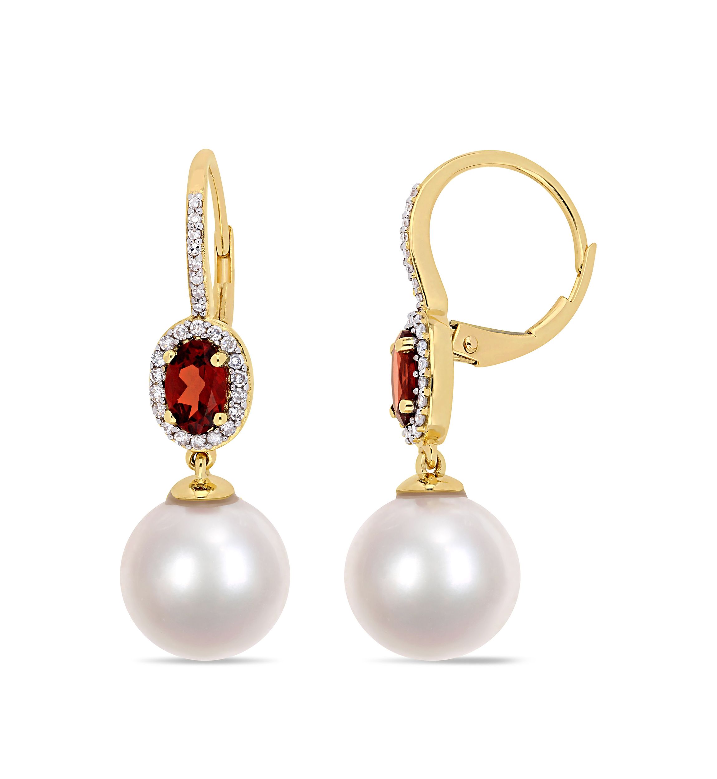 11 mm-12 mm Cultured Freshwater Pearl, 1 1/10 ct. t.w. Garnet and 1/4 ct. t.w. Diamond Drop Earrings in 10k Yellow Gold