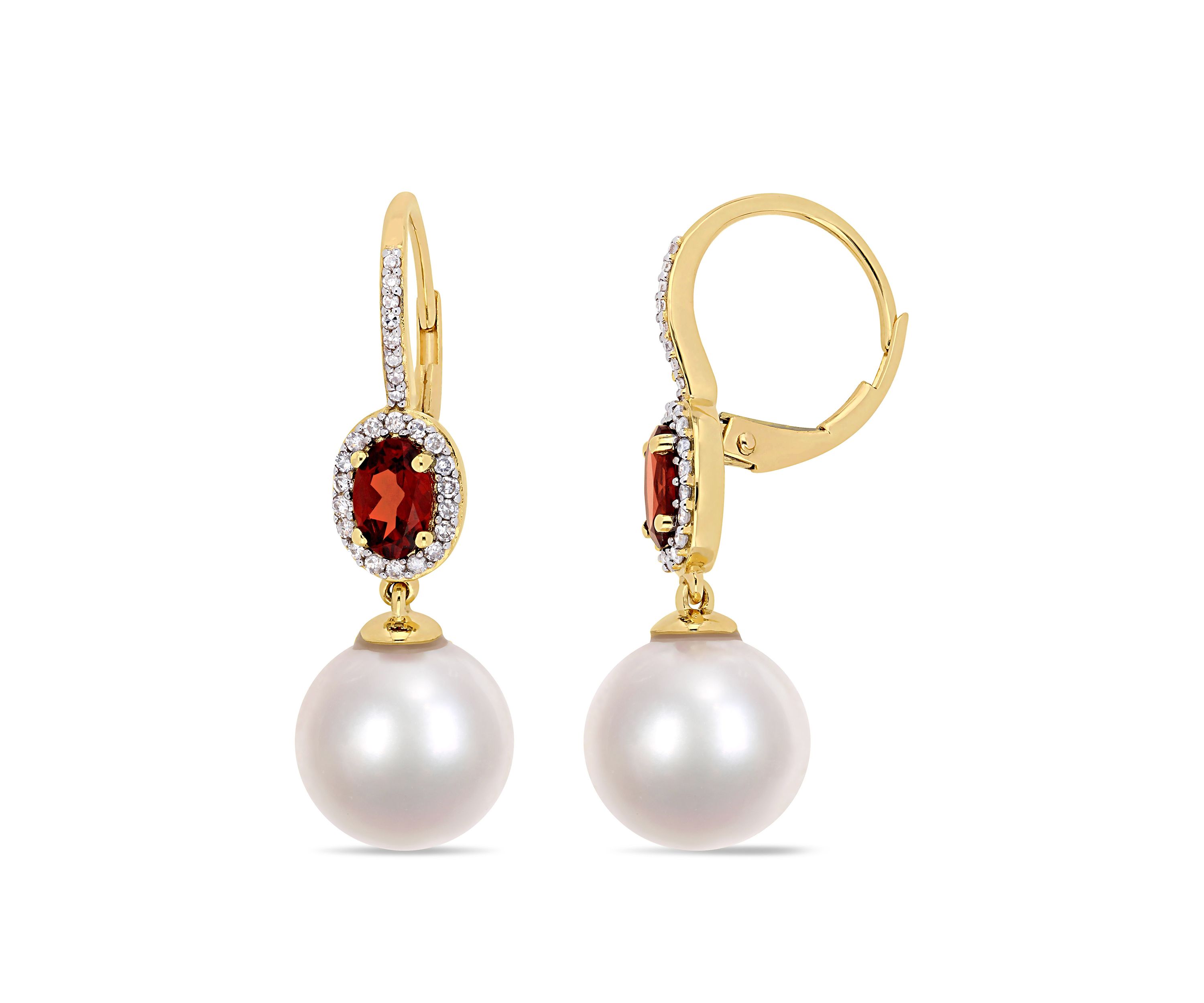 11 mm-12 mm Cultured Freshwater Pearl, 1 1/10 ct. t.w. Garnet and 1/4 ct. t.w. Diamond Drop Earrings in 10k Yellow Gold