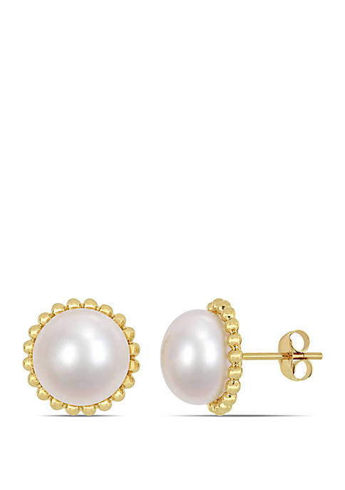 10.5 mm-11 mm Cultured Freshwater Pearl Halo Stud Earrings in 10k Yellow Gold