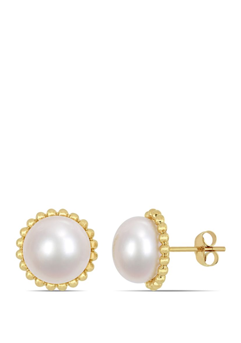 10.5 mm-11 mm Cultured Freshwater Pearl Halo Stud Earrings in 10k Yellow Gold