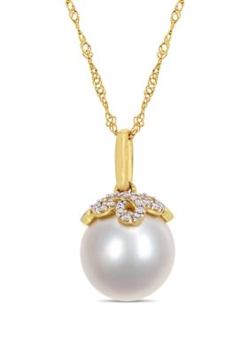 Belk & Co 10 mm-10.5 mm South Sea Cultured Pearl and 1/10 ct. t.w. Diamond Accent Vintage Necklace in 14k Yellow Gold, White -  0682077832816