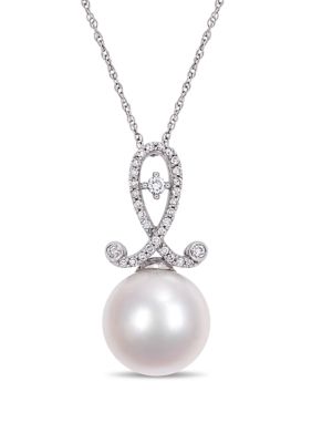 Belk & Co 1/5 Ct. T.w. Diamond And 11 To 12 Millimeter Cultured Freshwater Pearl Pendant With Chain In 10K White Gold