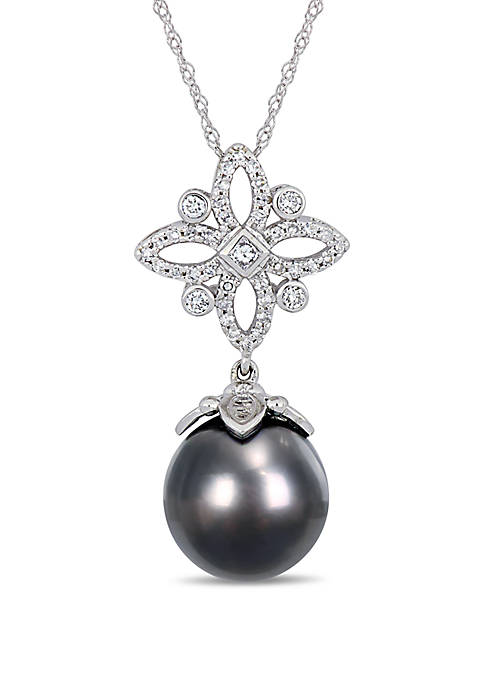 10 mm-10.5 mm Tahitian Cultured Pearl and 1/3 ct. t.w. Diamond Floral Drop Necklace in 14k White Gold