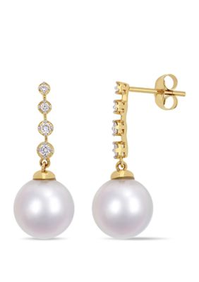 Belk & Co 10 mm-10.5 mm South Sea Cultured Pearl and 1/6 ct. t.w. Diamond Dangle Earrings in 14k Yellow Gold, White -  0682077833035