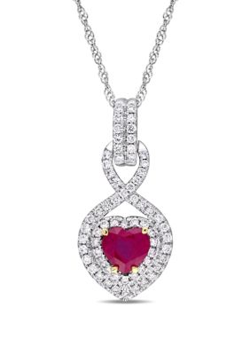 Belk & Co 3/4 ct. t.w. Ruby and 1/3 ct. t.w. Diamond Heart Infinity Necklace in 14k White Gold with Yellow Gold Prongs