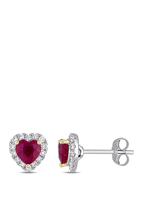 1.13 ct. t.w. Ruby and 1/3 ct. t.w. Diamond Heart Stud Earrings in 14k White Gold with Yellow Gold Prongs