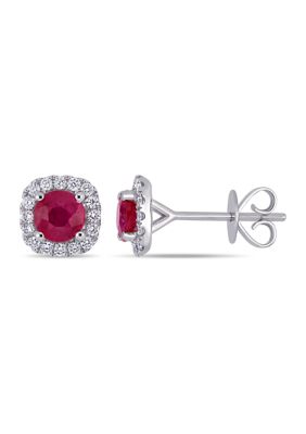 Belk & Co 1.2 Ct. T.w. Ruby And 1/4 Ct. T.w. Diamond Halo Stud Earrings In 14K White Gold