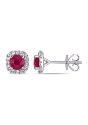 Belk & Co 1.2 Ct. T.w. Ruby And 1/4 Ct. T.w. Diamond Halo Stud Earrings In 14K White Gold -  0686692362314