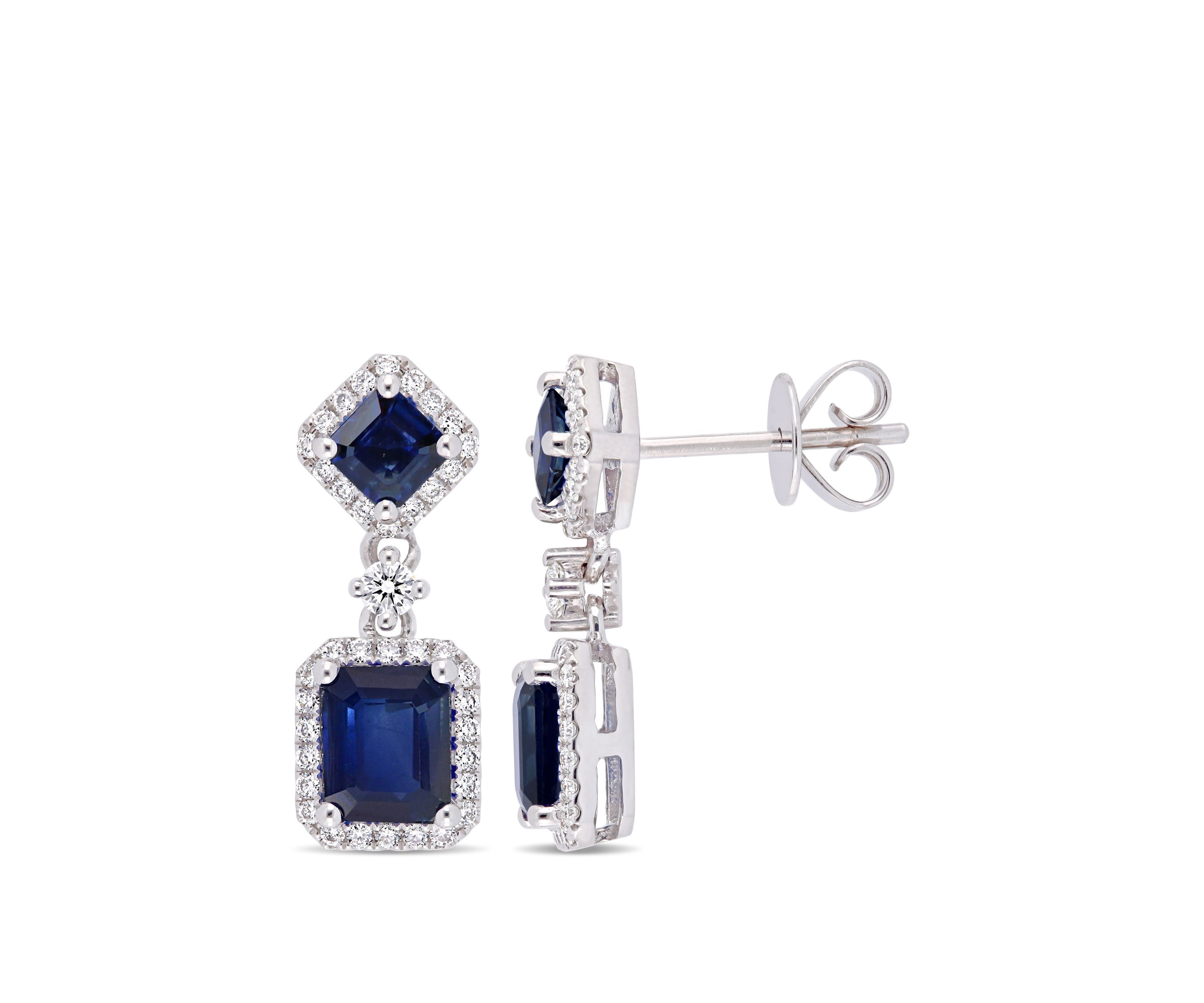 2.38 ct. t.w. Sapphire and 3/8 ct. t.w. Diamond Halo Dangle Earrings in 14k White Gold
