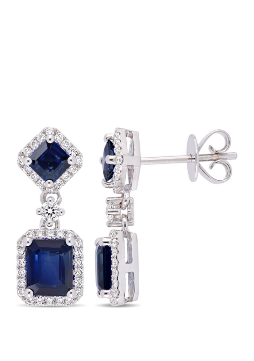 2.38 ct. t.w. Sapphire and 3/8 ct. t.w. Diamond Halo Dangle Earrings in 14k White Gold