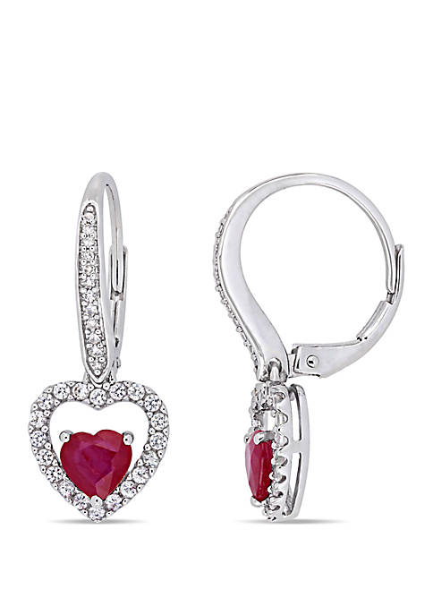 1.15 ct. t.w. Ruby, 2/5 ct. t.w. White Sapphire and 1/10 ct. t.w. Diamond Heart Earrings in 14k White Gold